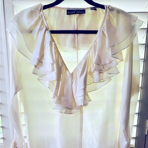 gorgeous feminine ruffle silk blouse ruffle sleeves cream white size 8 designer
